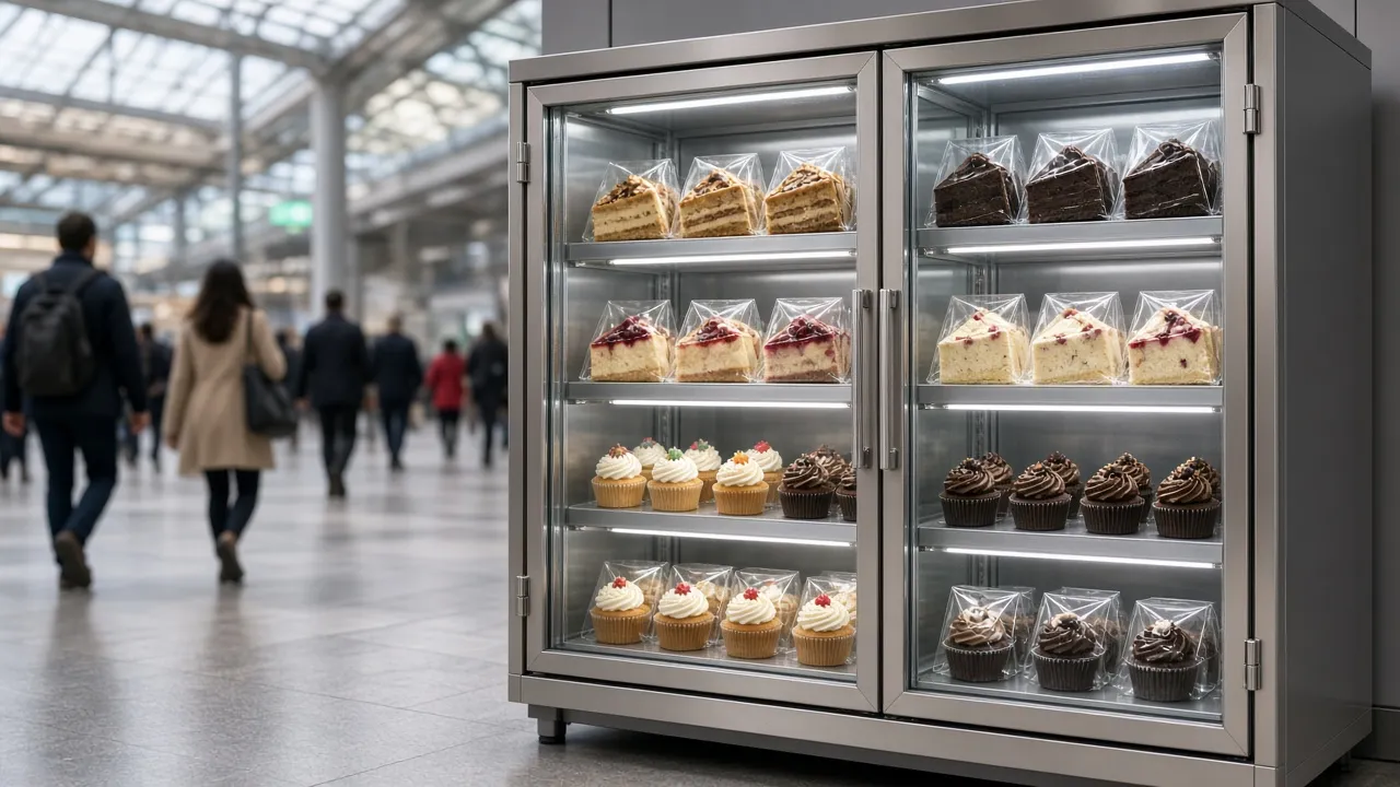 Distributore automatico torte e pasticceria: locker frigo, elevator e vendita 24/7