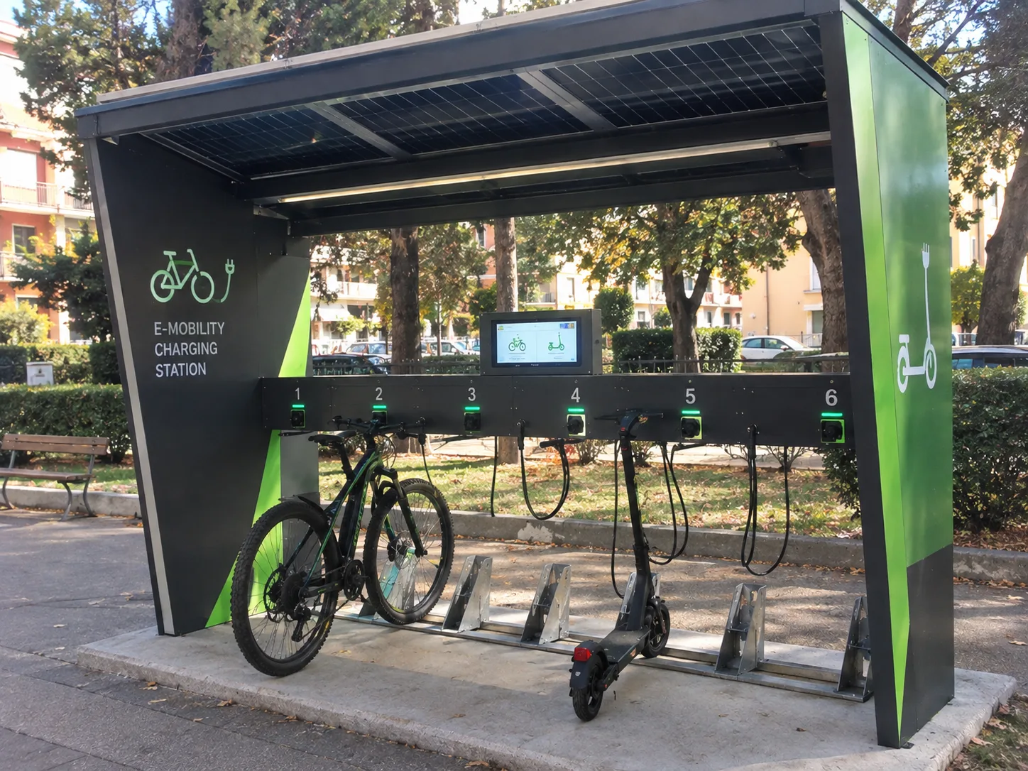 Smart Pergola: solar charging station for e-bikes and scooters